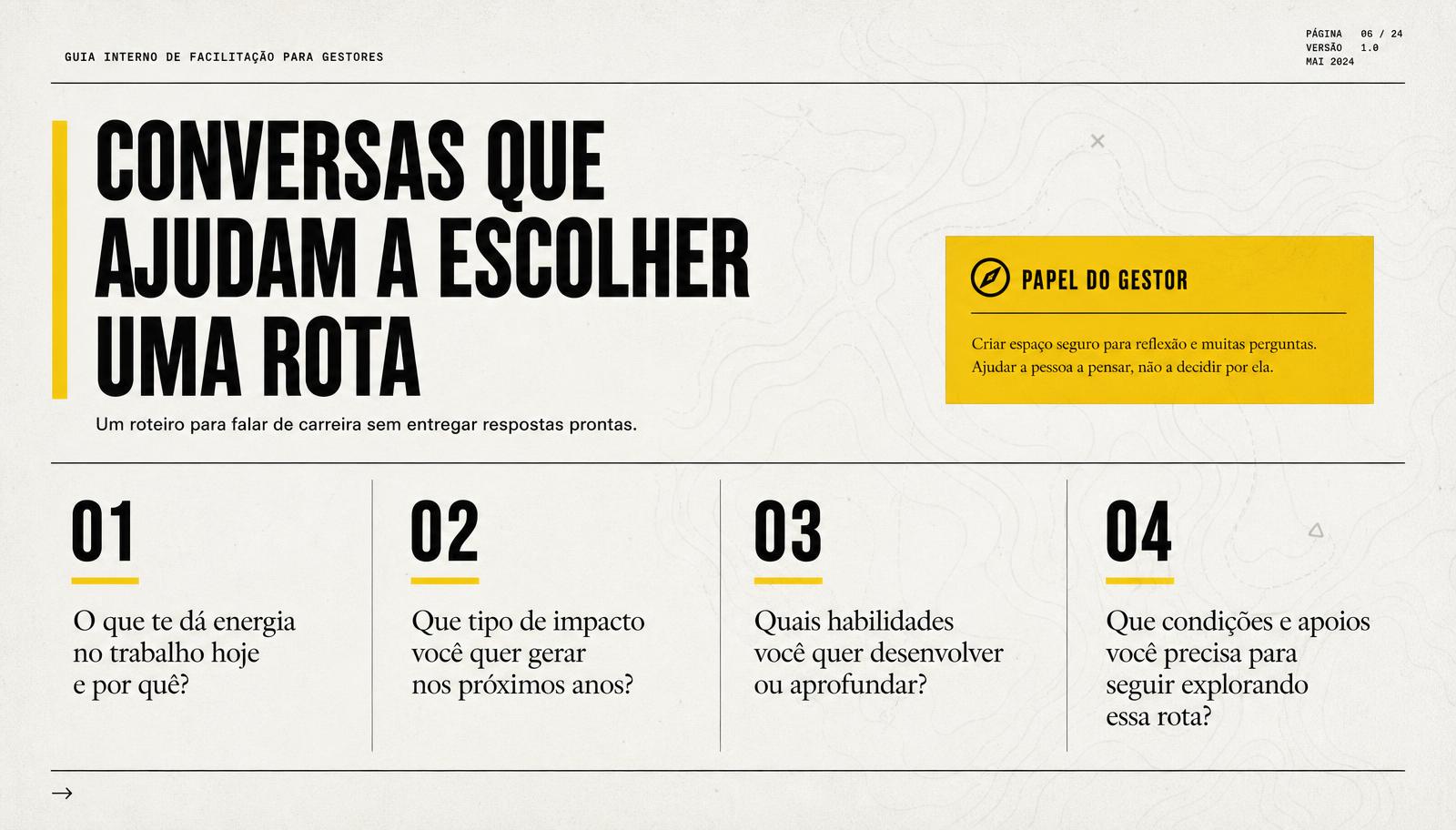 Guia para gestores com o t\u00edtulo Conversas que ajudam a escolher uma rota e quatro perguntas numeradas