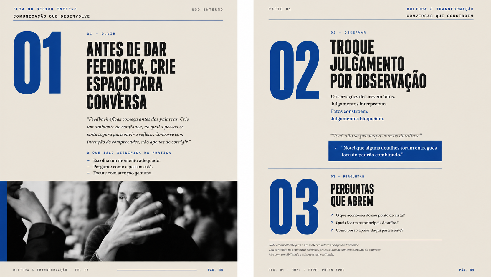 Guia de feedback aberto com as orienta\u00e7\u00f5es antes de dar feedback e trocar julgamento por observa\u00e7\u00e3o
