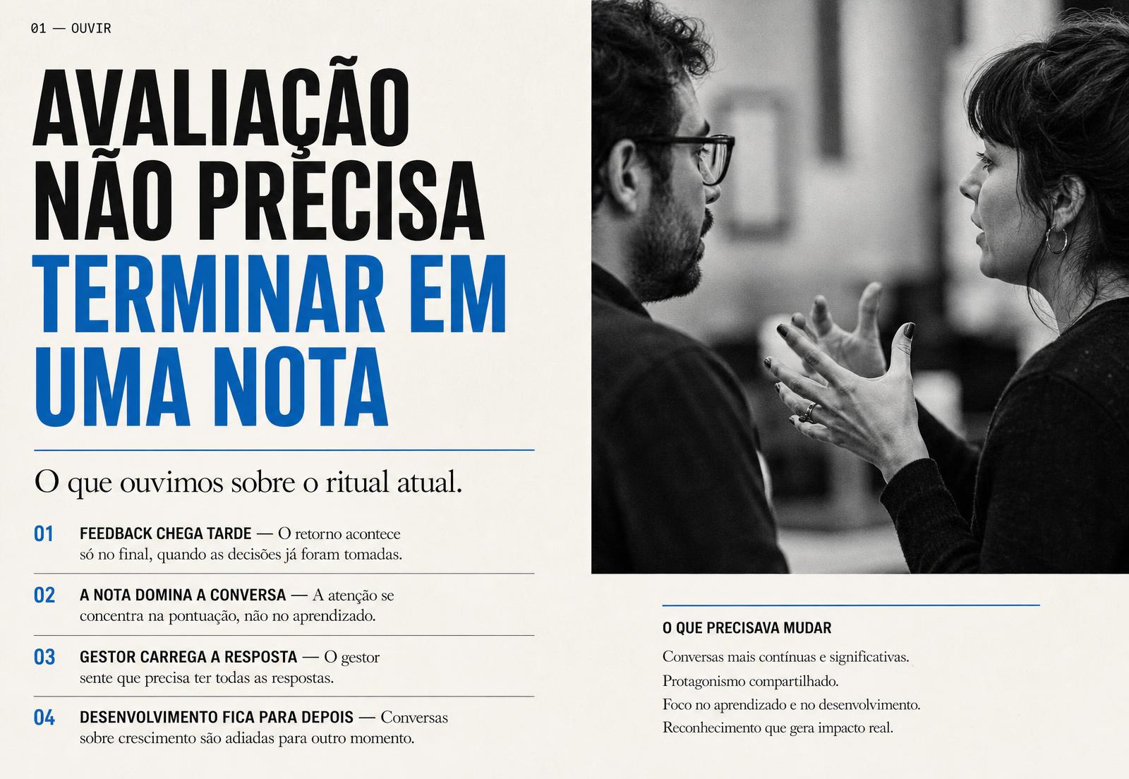Pe\u00e7a de diagn\u00f3stico com o t\u00edtulo Avalia\u00e7\u00e3o n\u00e3o precisa terminar em uma nota e uma lista do que precisava mudar