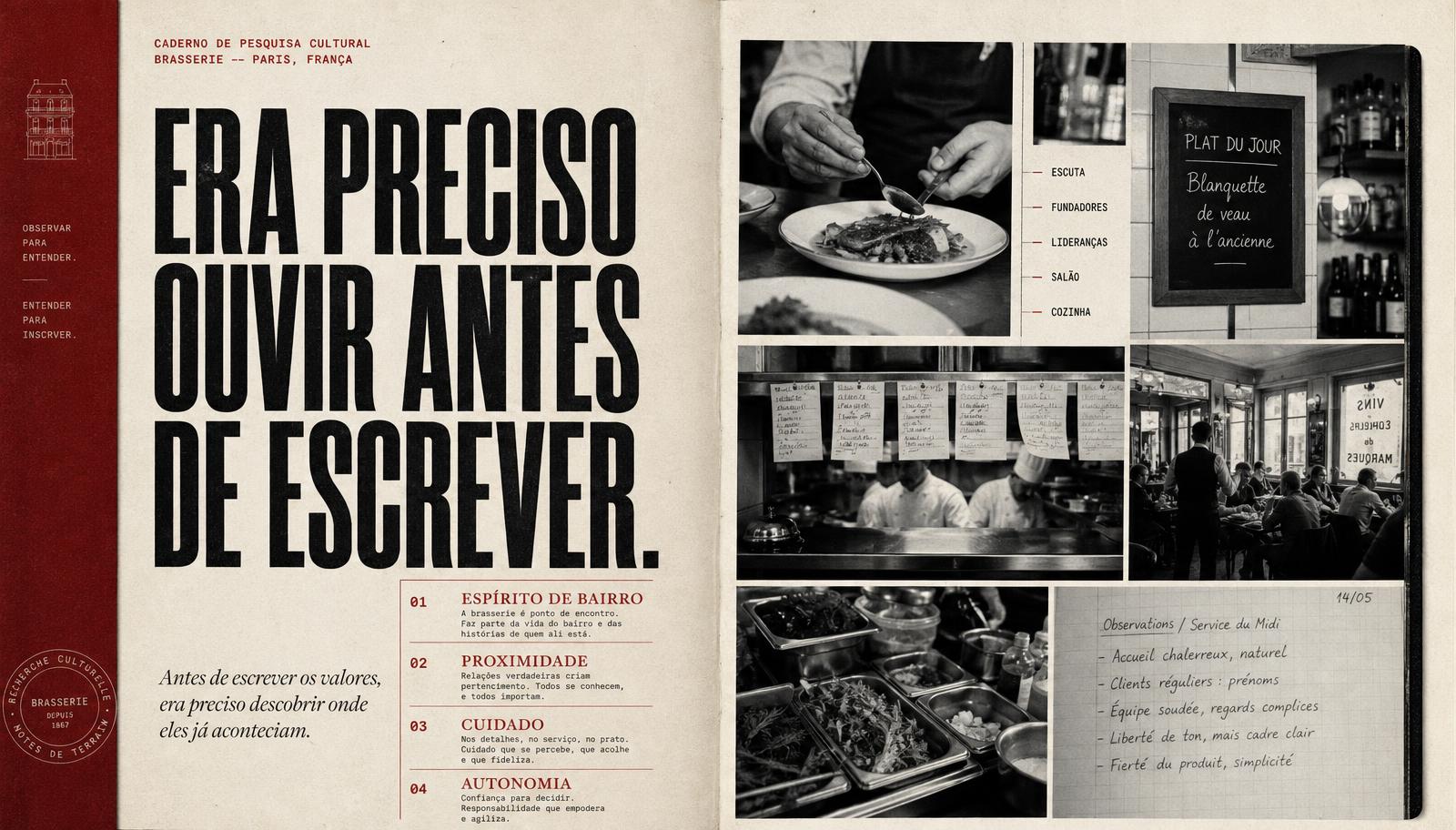 Caderno de escuta do Le Jazz com a frase Era preciso ouvir antes de escrever, ao lado de fotografias do sal\u00e3o e da cozinha