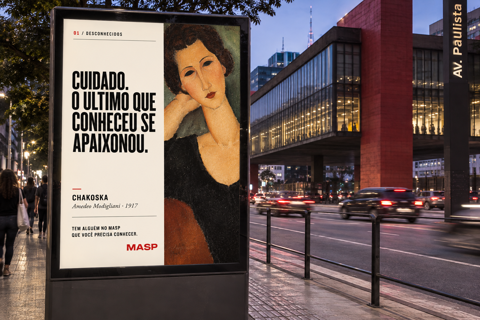 Visualização conceitual da campanha de Chakoska em mobiliário urbano na Avenida Paulista, em frente ao MASP