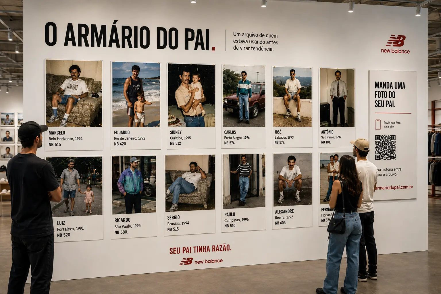Instalação O Armário do Pai com fotografias de família e fichas de nome, cidade, ano e modelo