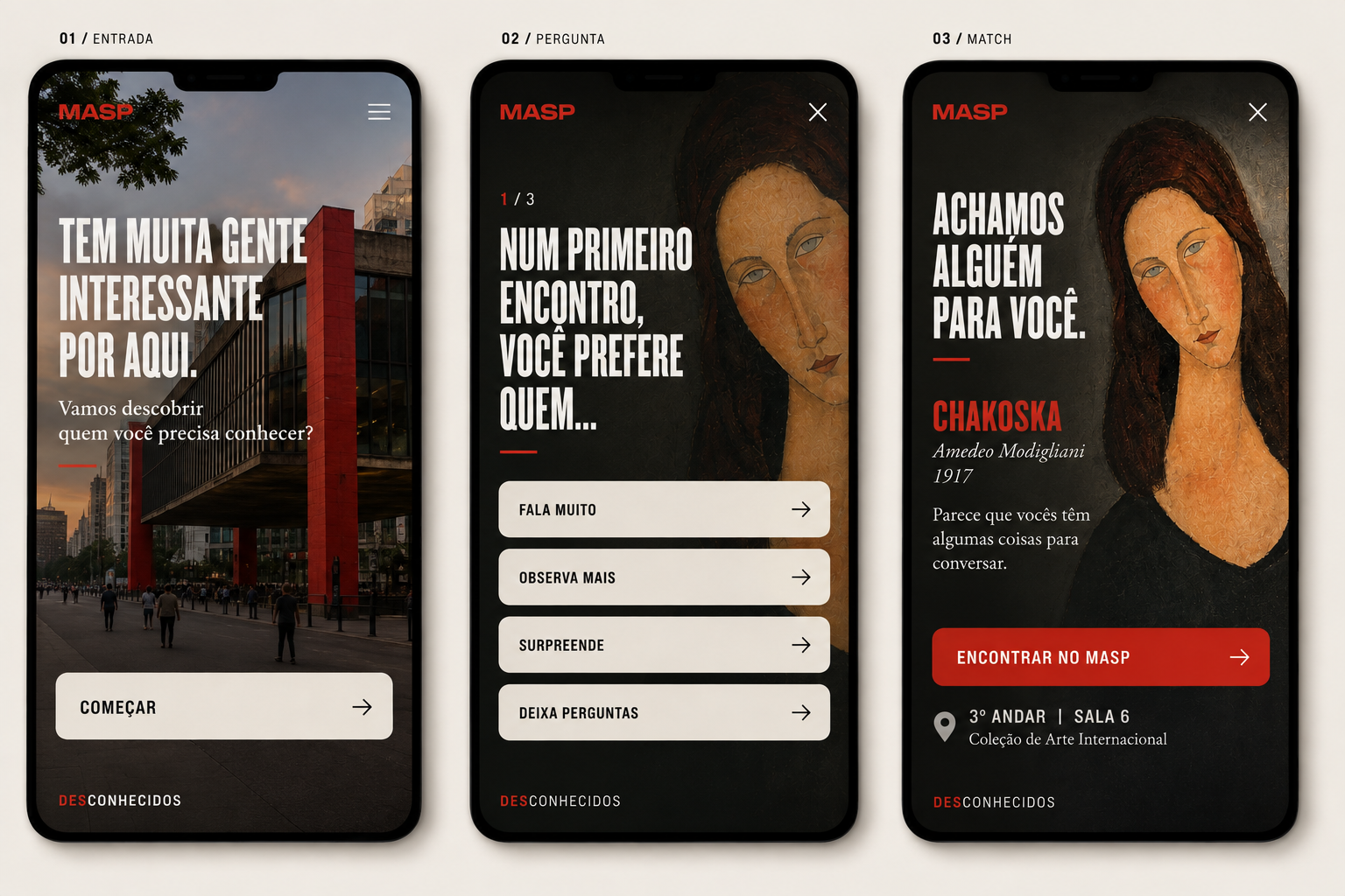Proposta conceitual da experiência digital em três telas: entrada, pergunta e match com a obra Chakoska