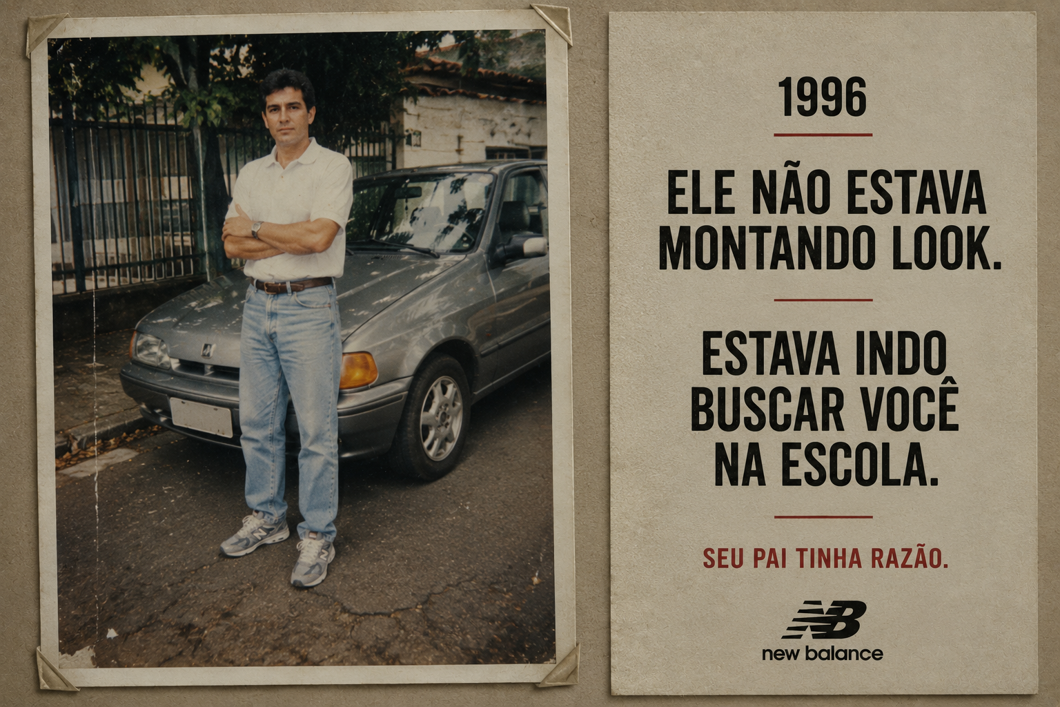 Peça com pai ao lado do carro e a headline Ele não estava montando look. Estava indo buscar você na escola.