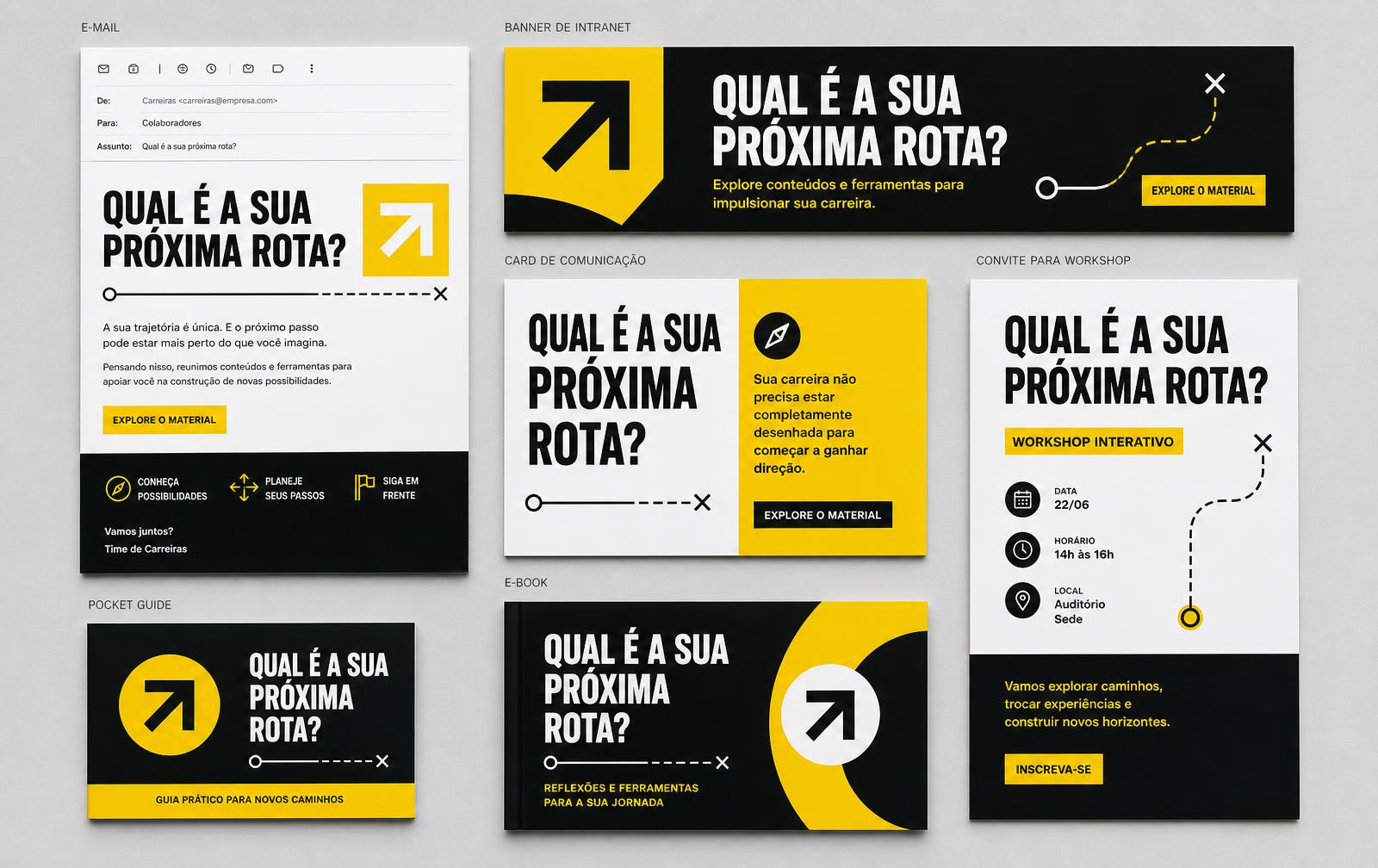 Pe\u00e7as da r\u00e9gua de lan\u00e7amento com a pergunta Qual \u00e9 a sua pr\u00f3xima rota em diferentes formatos