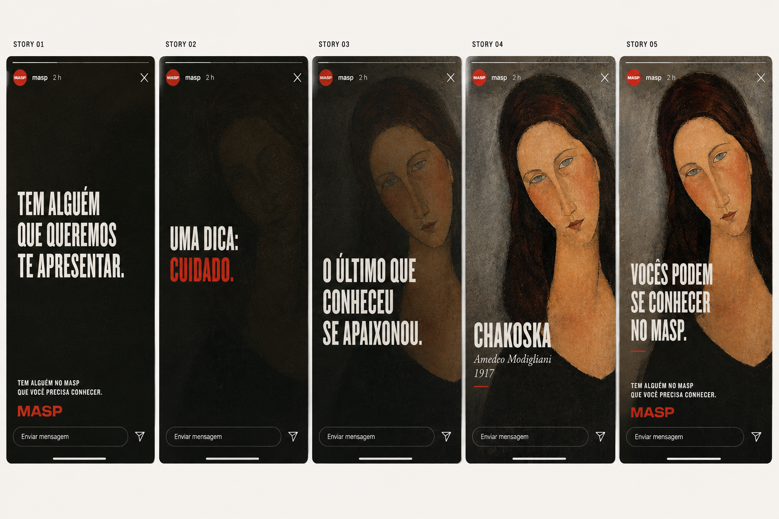 Sequência conceitual de Stories da campanha, do convite ao encontro, com o retrato Chakoska